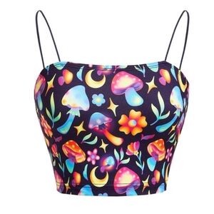 🍄 Trippy Mushrooms, Flowers,  Stars & Crescent Moons Semi-Crop Tank Top (L) 🍄